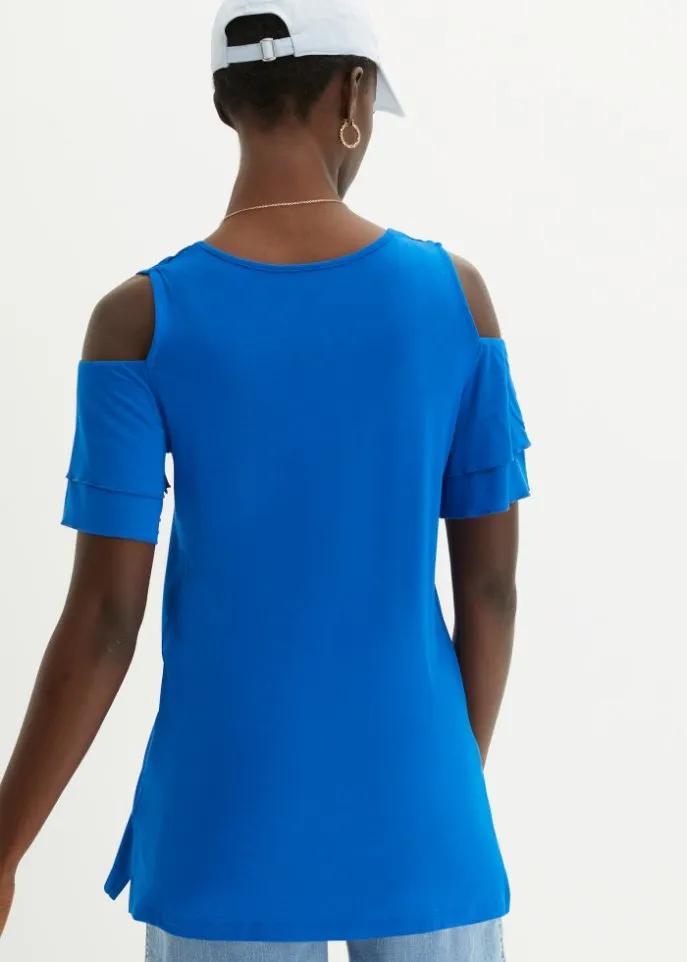 Long shirt with short sleeves and cutouts Bpc Bonprix Collection, blue