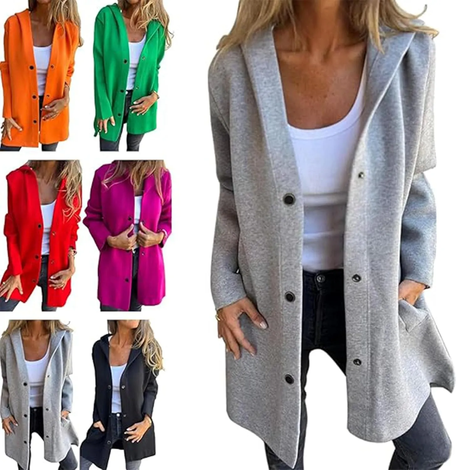 LONGLUAN Glamclothes Casual Single Breasted Hooded Jacket, Jasperbelly Hooded Jacket Womens Mid Length