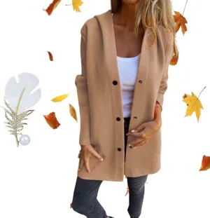 LONGLUAN Glamclothes Casual Single Breasted Hooded Jacket, Jasperbelly Hooded Jacket Womens Mid Length
