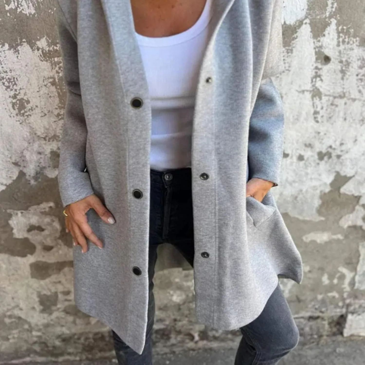 LONGLUAN Glamclothes Casual Single Breasted Hooded Jacket, Jasperbelly Hooded Jacket Womens Mid Length