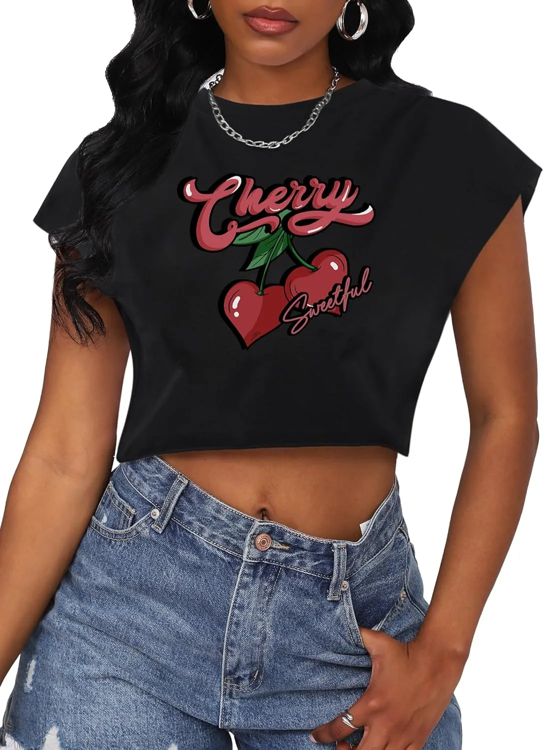 LovelyWholesale Women Cap Sleeve Tops Cropped Graphic Tees Summer Short Sleeve T Shirts