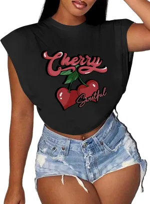 LovelyWholesale Women Cap Sleeve Tops Cropped Graphic Tees Summer Short Sleeve T Shirts