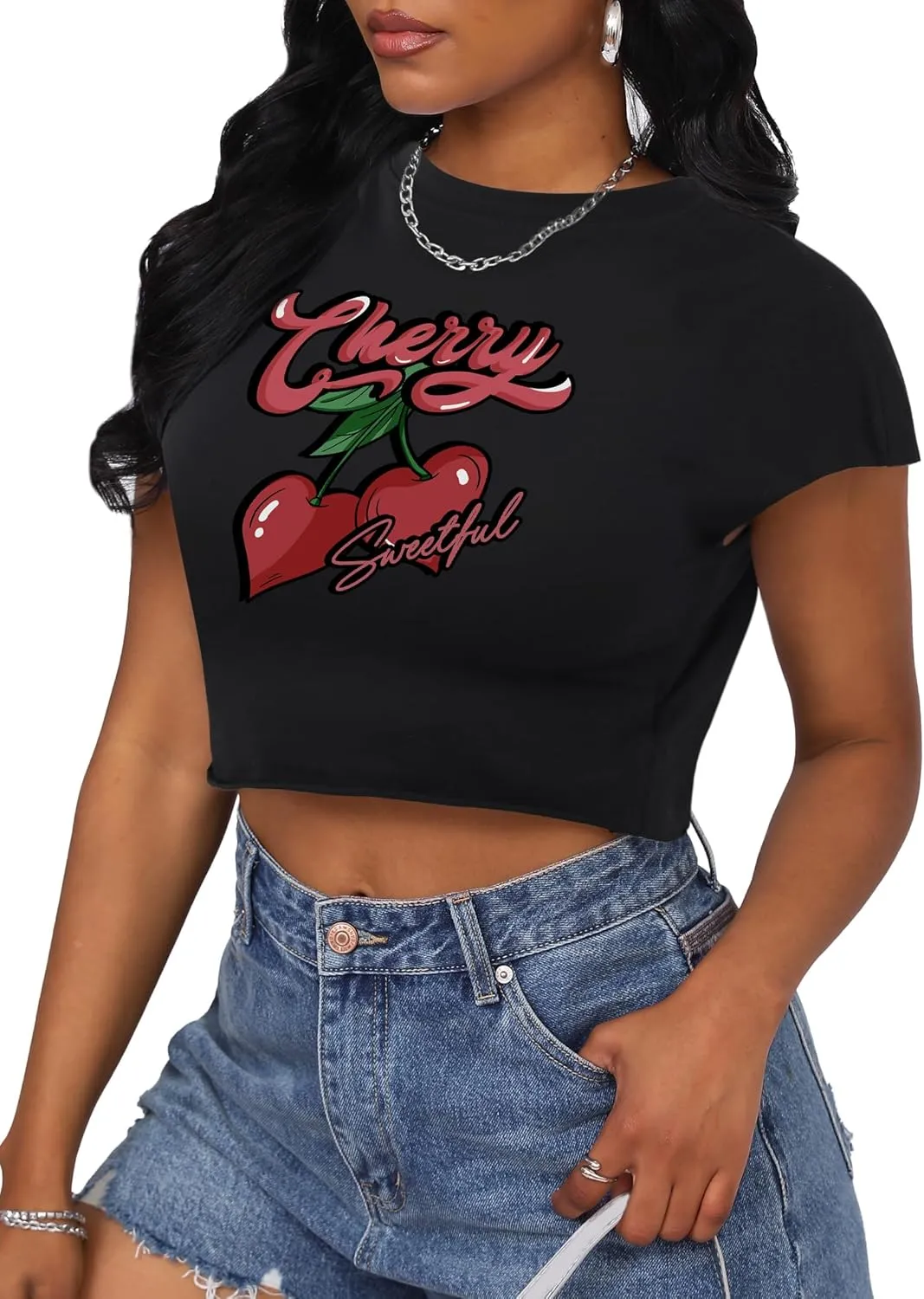 LovelyWholesale Women Cap Sleeve Tops Cropped Graphic Tees Summer Short Sleeve T Shirts