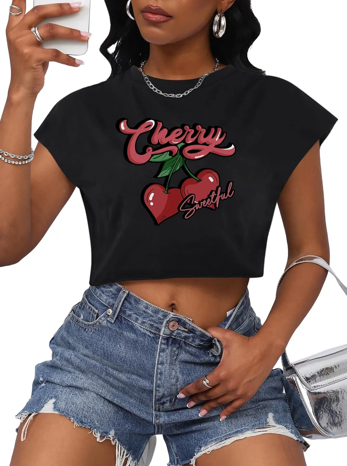 LovelyWholesale Women Cap Sleeve Tops Cropped Graphic Tees Summer Short Sleeve T Shirts