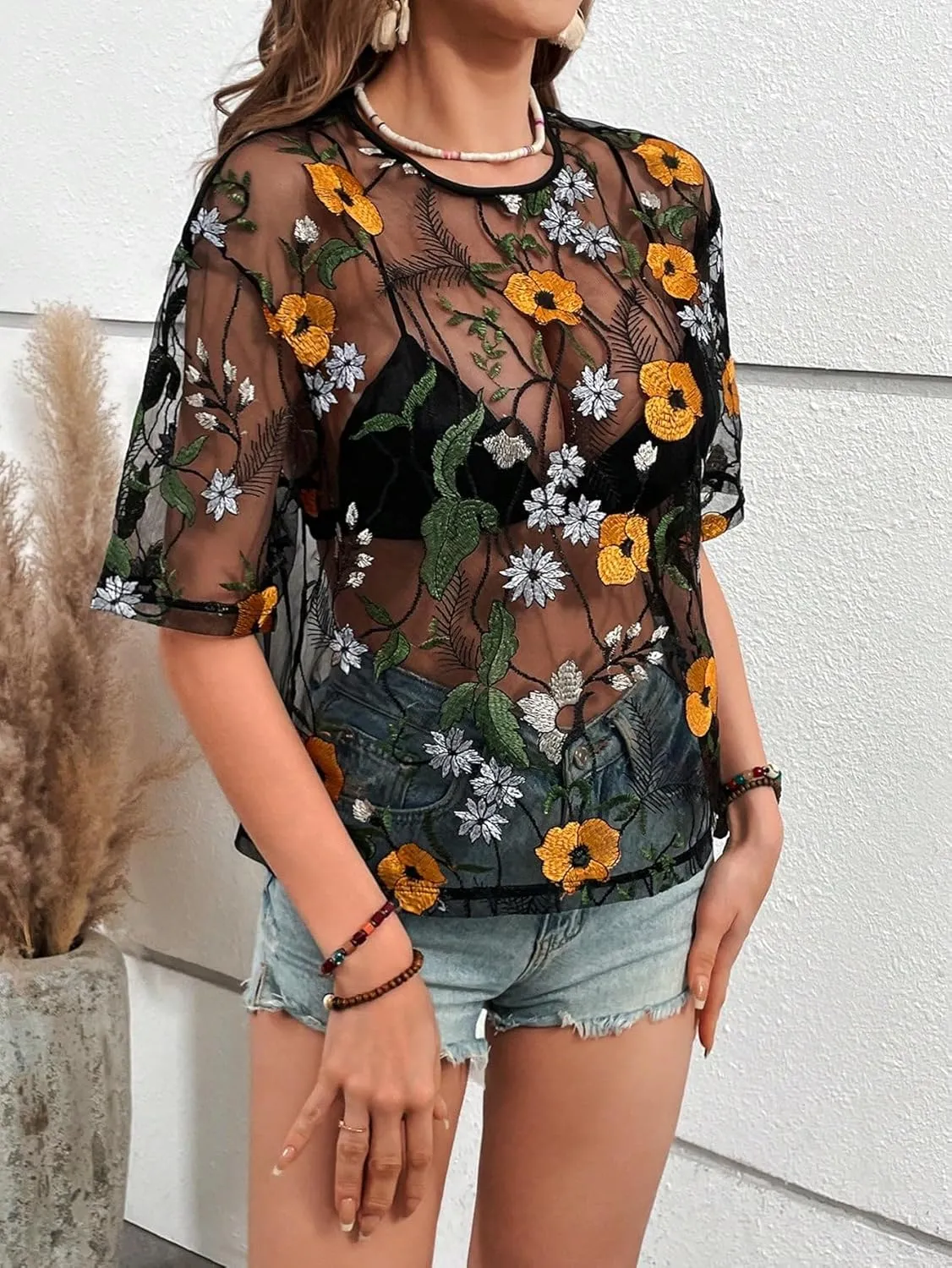 MakeMeChic Women's Summer Short Sleeve Tops Rock Concert Outfits Sequin See Through Mesh Sheer T Shirts Blouse