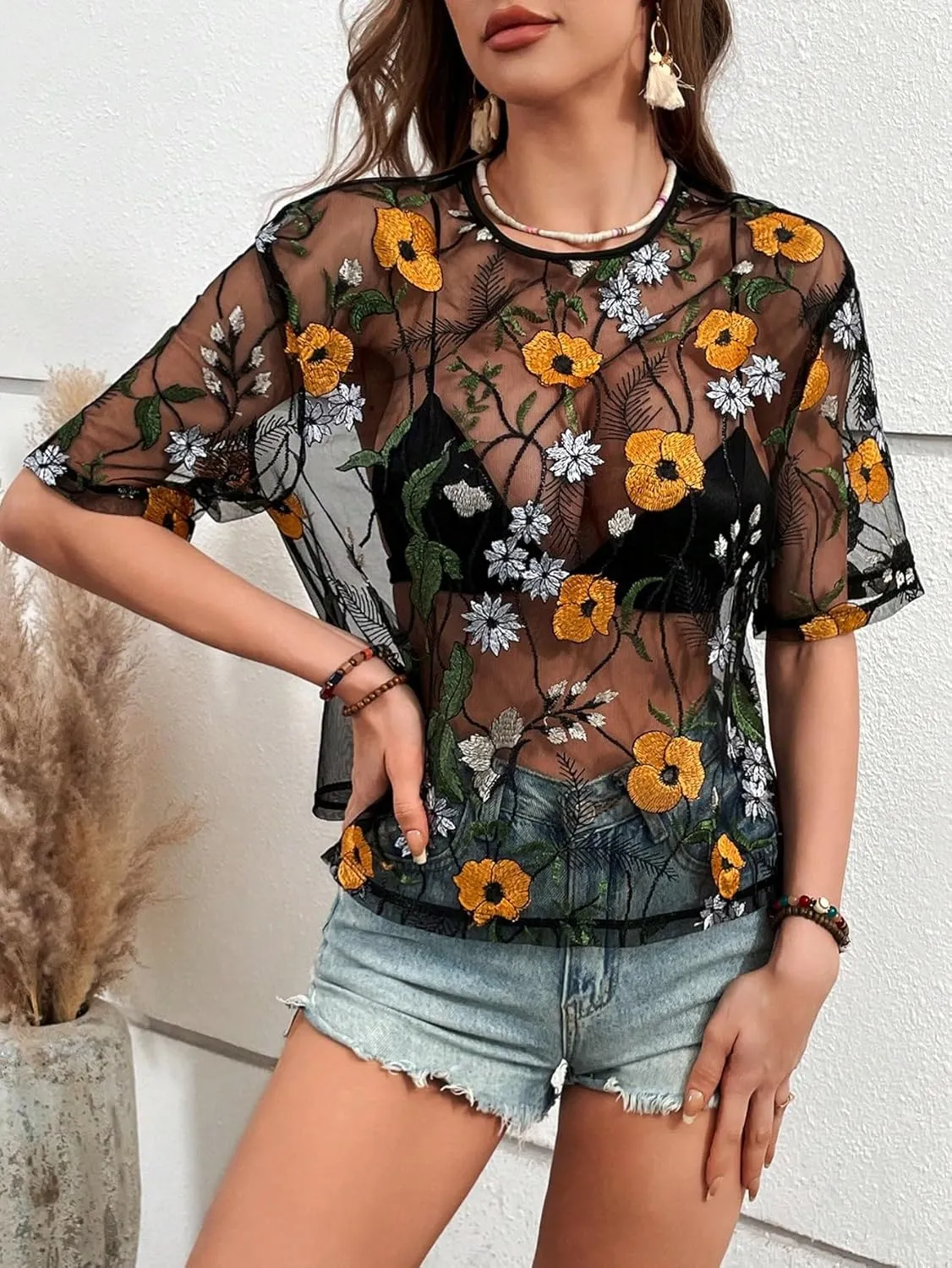 MakeMeChic Women's Summer Short Sleeve Tops Rock Concert Outfits Sequin See Through Mesh Sheer T Shirts Blouse