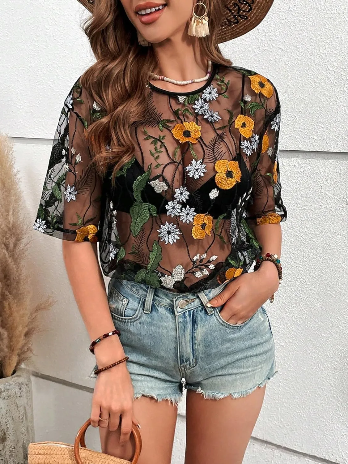 MakeMeChic Women's Summer Short Sleeve Tops Rock Concert Outfits Sequin See Through Mesh Sheer T Shirts Blouse