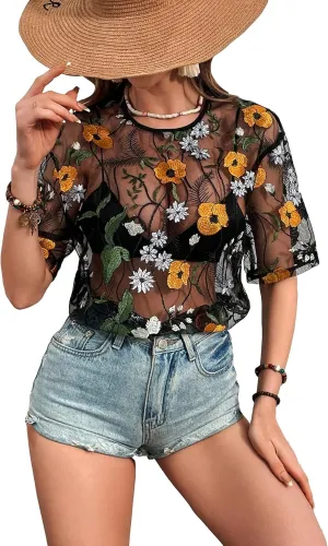 MakeMeChic Women's Summer Short Sleeve Tops Rock Concert Outfits Sequin See Through Mesh Sheer T Shirts Blouse