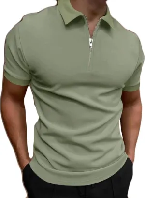 Men's Casual Solid Polo Shirts Zipper Lapel Short Sleeve Tops Classic Golf Tees Basic Golf Shirt Cotton Top