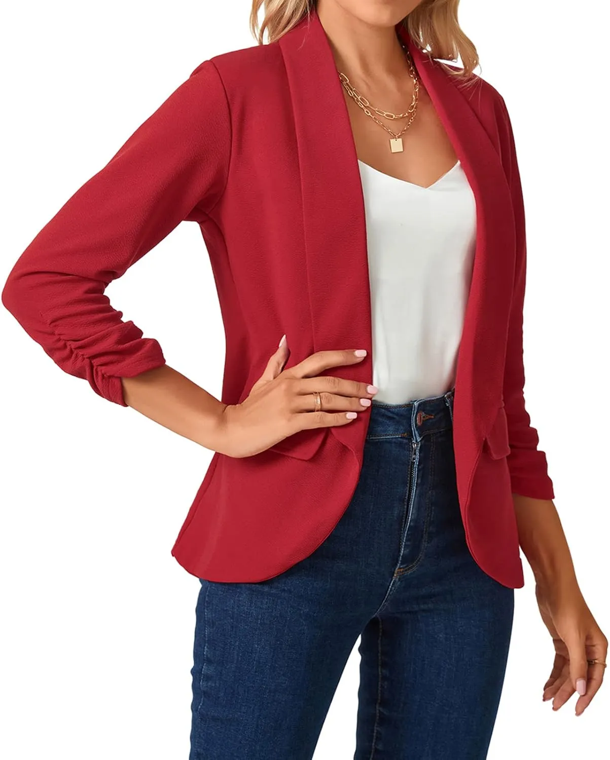 MINTLIMIT Womens Blazer 3/4 Ruched Sleeve Shawl Collar Business Work Blazers Open Front Casual Jackets with Pockets