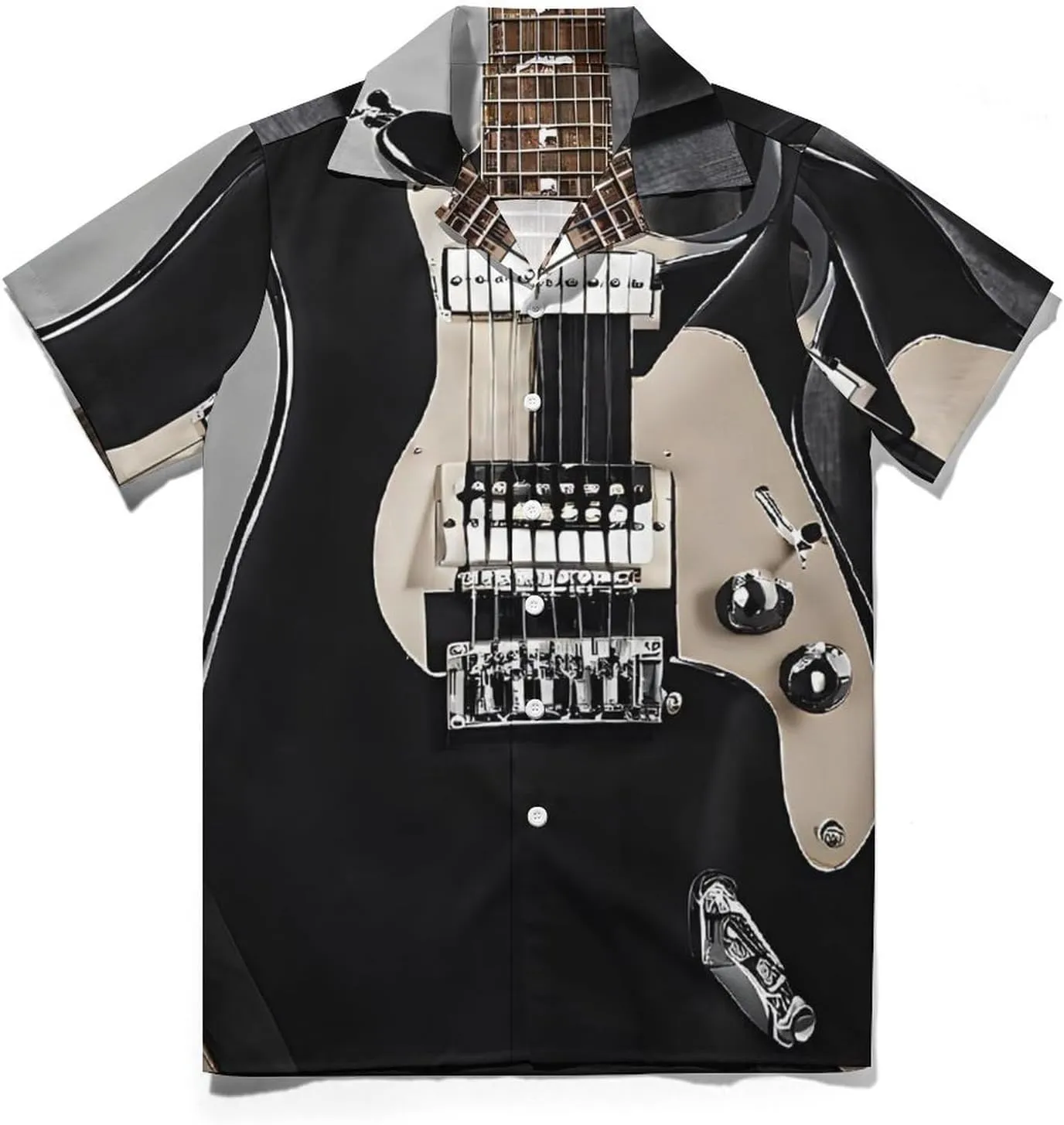 Musical Guitar Print Cuban Collar Shirt Classic Design for Comfort and Style
