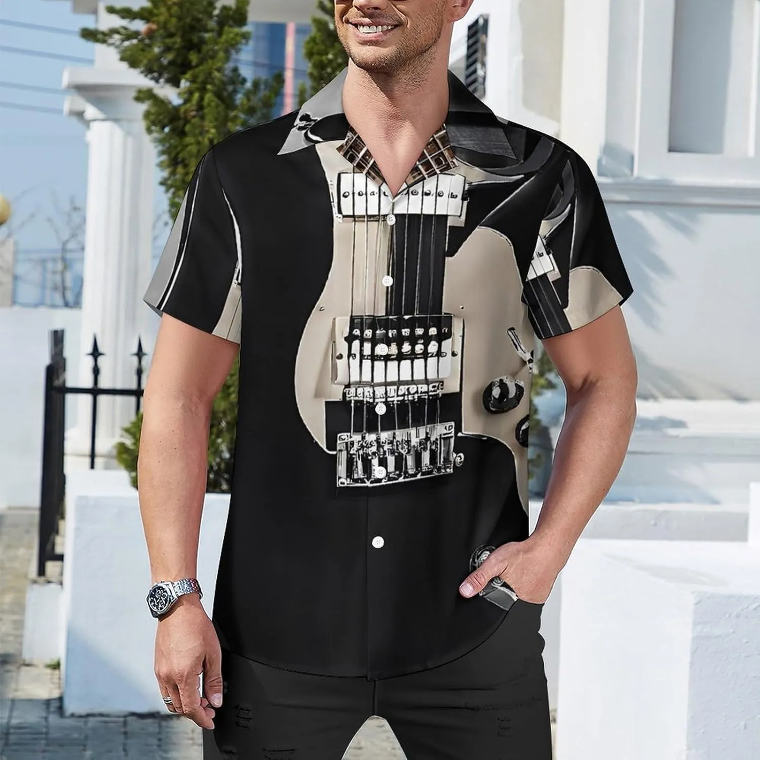 Musical Guitar Print Cuban Collar Shirt Classic Design for Comfort and Style