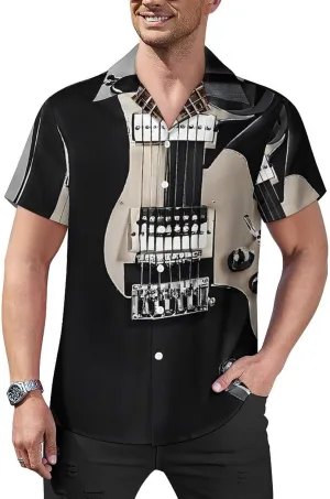 Musical Guitar Print Cuban Collar Shirt Classic Design for Comfort and Style