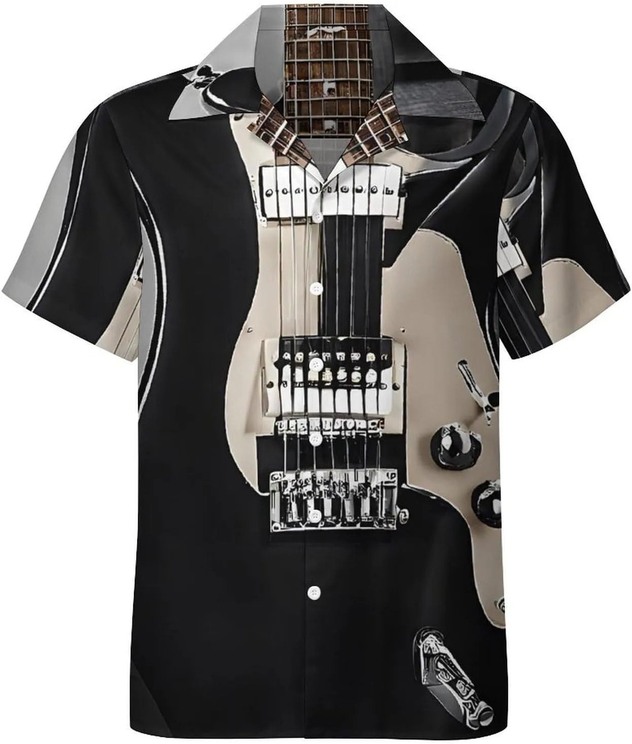 Musical Guitar Print Cuban Collar Shirt Classic Design for Comfort and Style