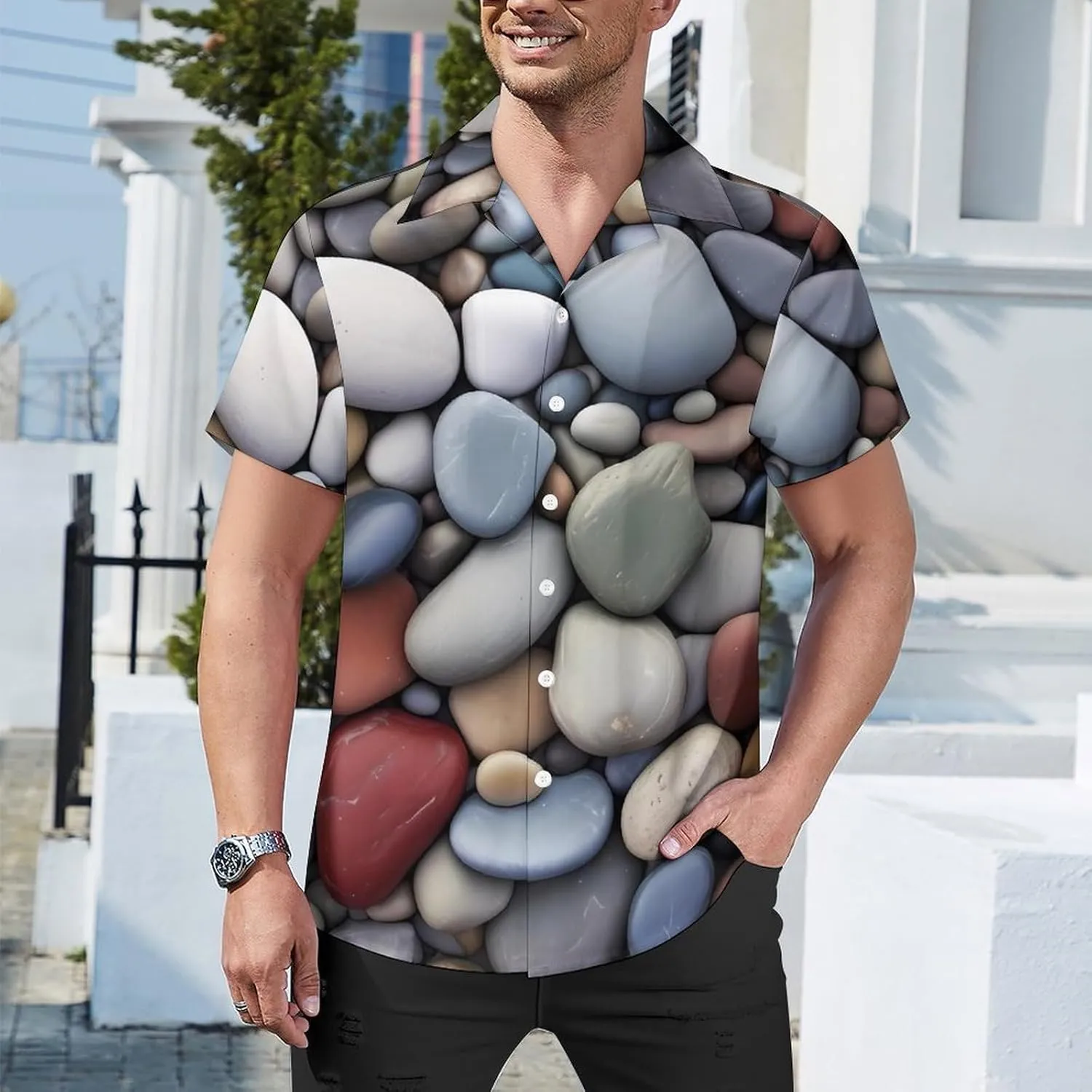 Pebble Stone Print Cuban Collar Shirt Classic Design for Comfort and Style