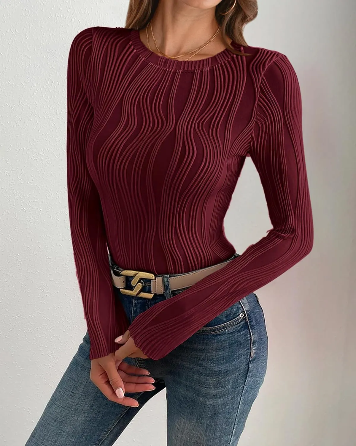 PRETTYGARDEN Women's Tops 2025 Spring Fashion Long Sleeve Crewneck Blouses Slim Fit Shirts Textured Knit Basic T Shirts