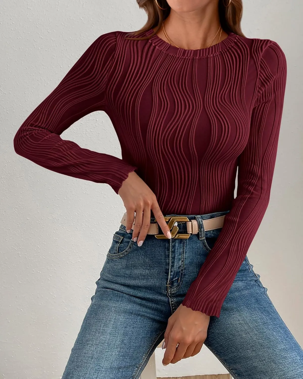 PRETTYGARDEN Women's Tops 2025 Spring Fashion Long Sleeve Crewneck Blouses Slim Fit Shirts Textured Knit Basic T Shirts