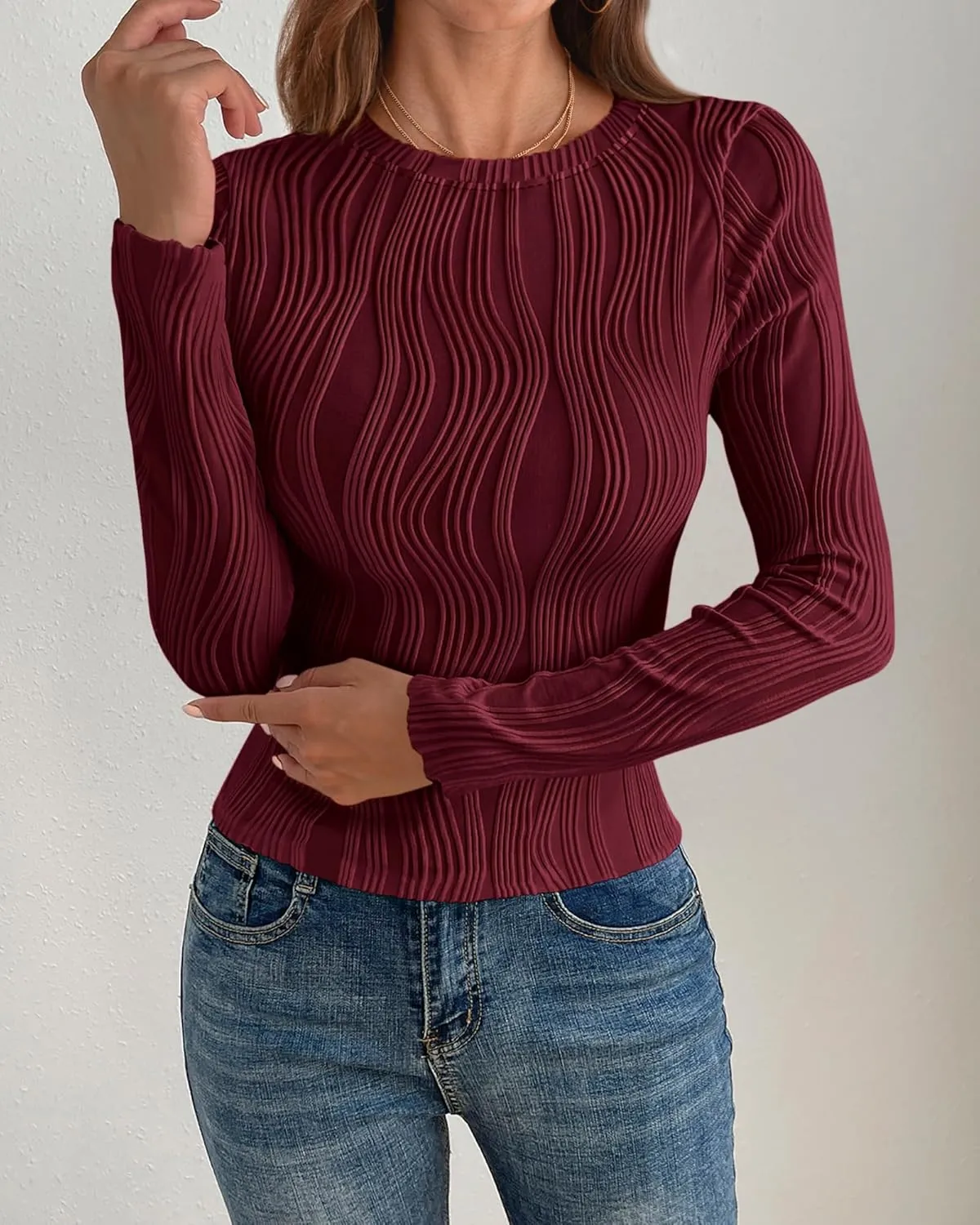 PRETTYGARDEN Women's Tops 2025 Spring Fashion Long Sleeve Crewneck Blouses Slim Fit Shirts Textured Knit Basic T Shirts
