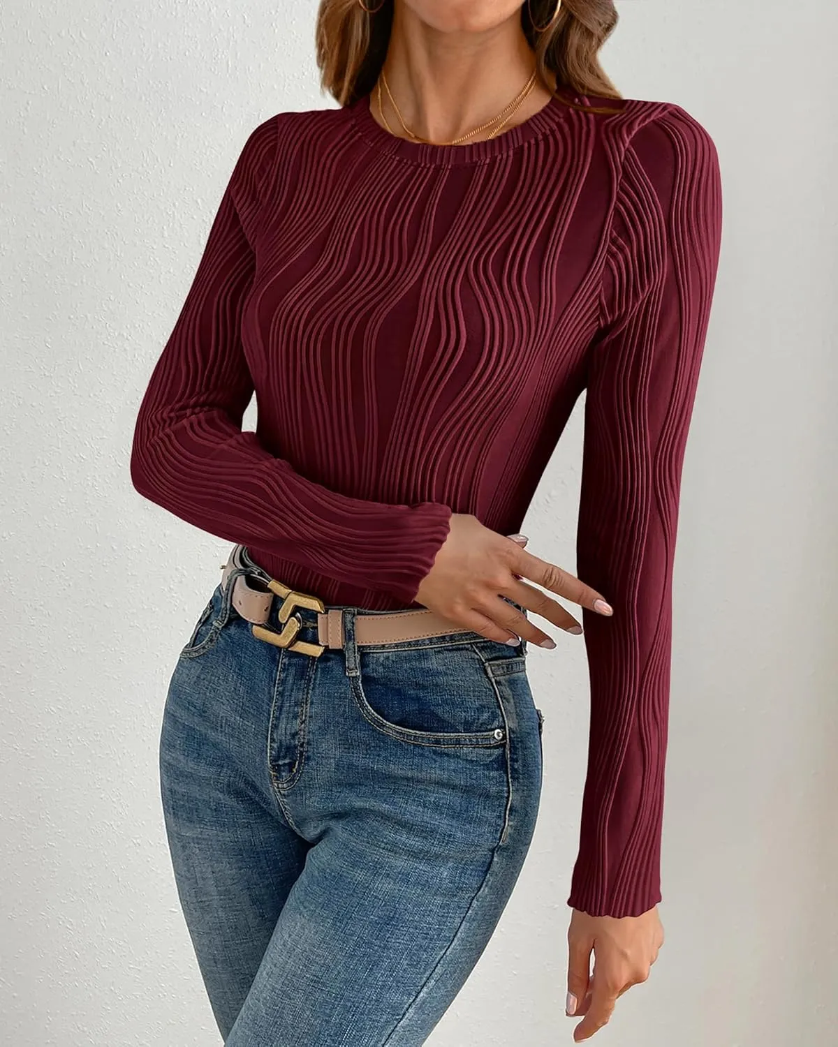 PRETTYGARDEN Women's Tops 2025 Spring Fashion Long Sleeve Crewneck Blouses Slim Fit Shirts Textured Knit Basic T Shirts