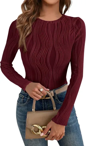 PRETTYGARDEN Women's Tops 2025 Spring Fashion Long Sleeve Crewneck Blouses Slim Fit Shirts Textured Knit Basic T Shirts
