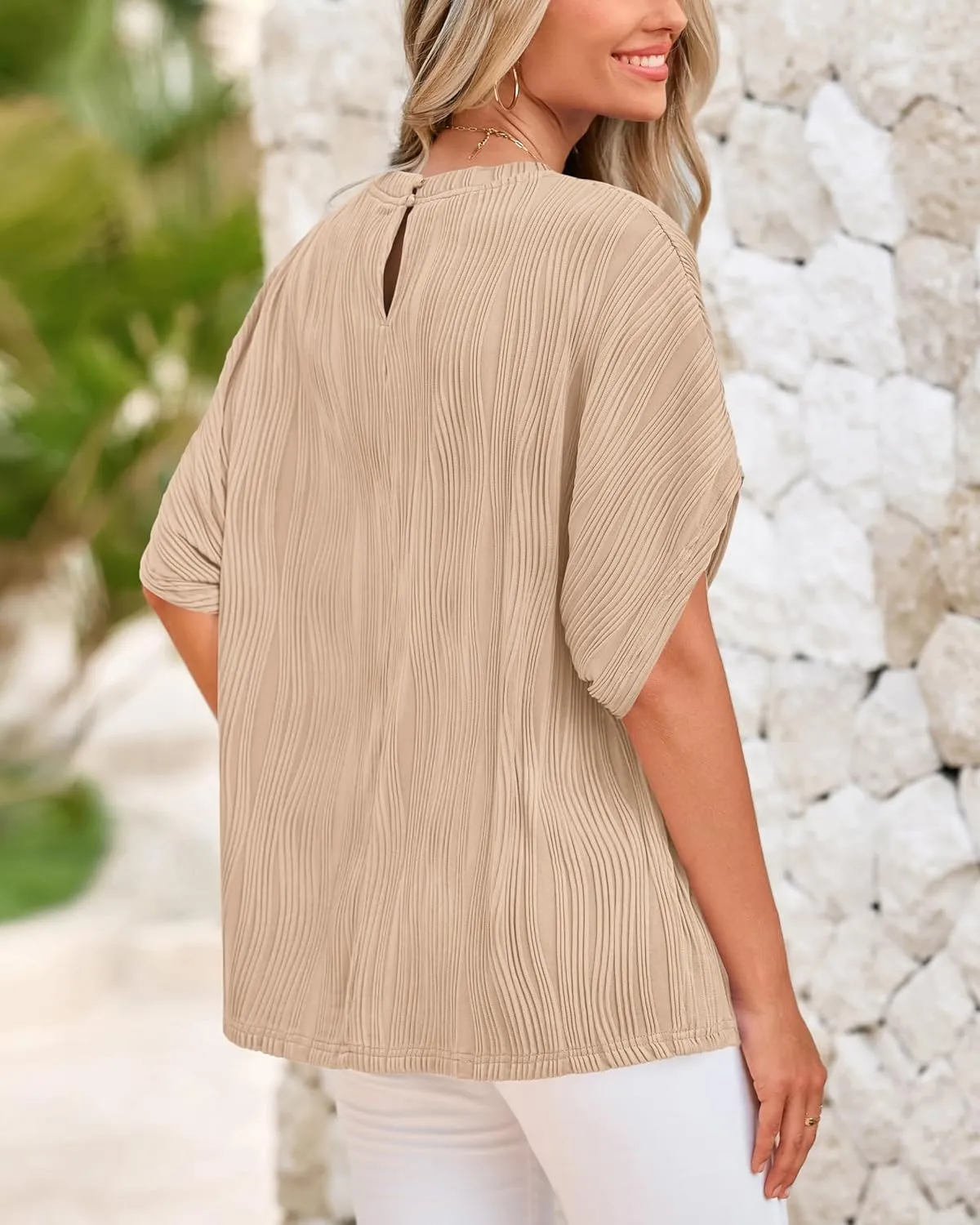 PRETTYGARDEN Women's Tops 2025 Summer Casual Crewneck Short Sleeve Textured Shirts Going Out Work Blouse Basic Tunic Top