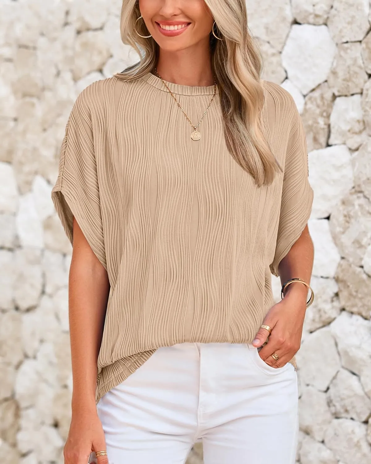 PRETTYGARDEN Women's Tops 2025 Summer Casual Crewneck Short Sleeve Textured Shirts Going Out Work Blouse Basic Tunic Top