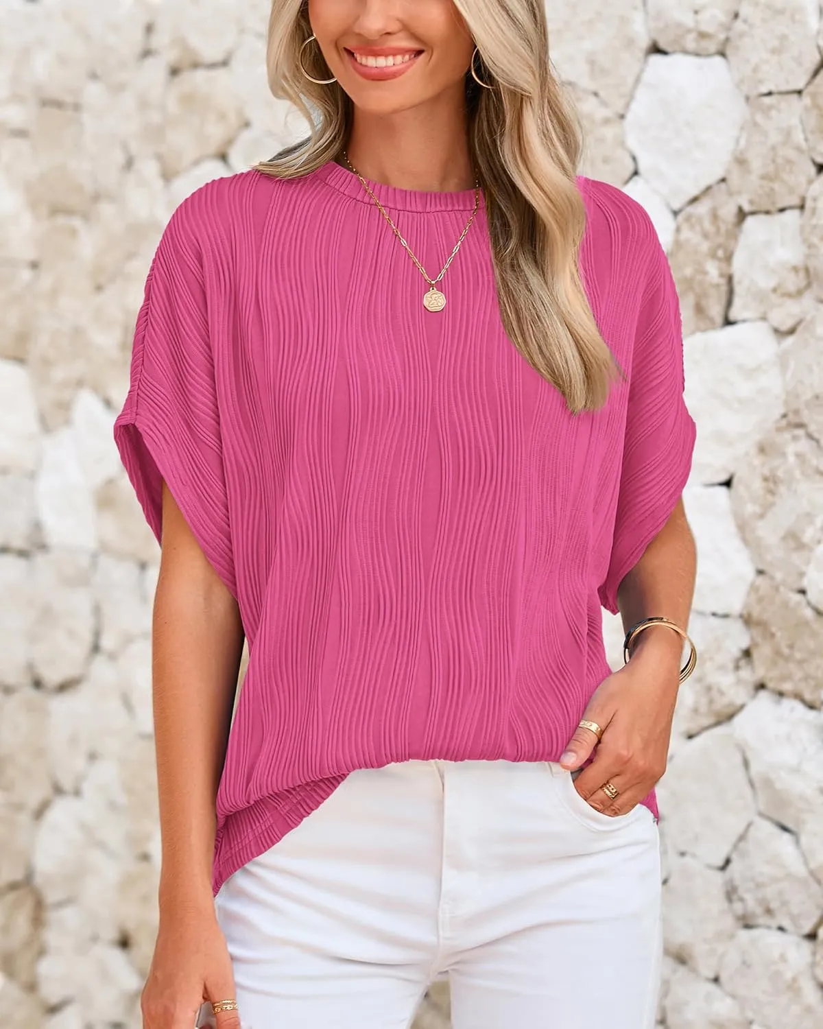 PRETTYGARDEN Women's Tops 2025 Summer Casual Crewneck Short Sleeve Textured Shirts Going Out Work Blouse Basic Tunic Top
