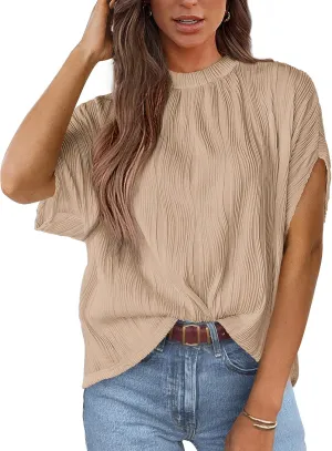 PRETTYGARDEN Women's Tops 2025 Summer Casual Crewneck Short Sleeve Textured Shirts Going Out Work Blouse Basic Tunic Top