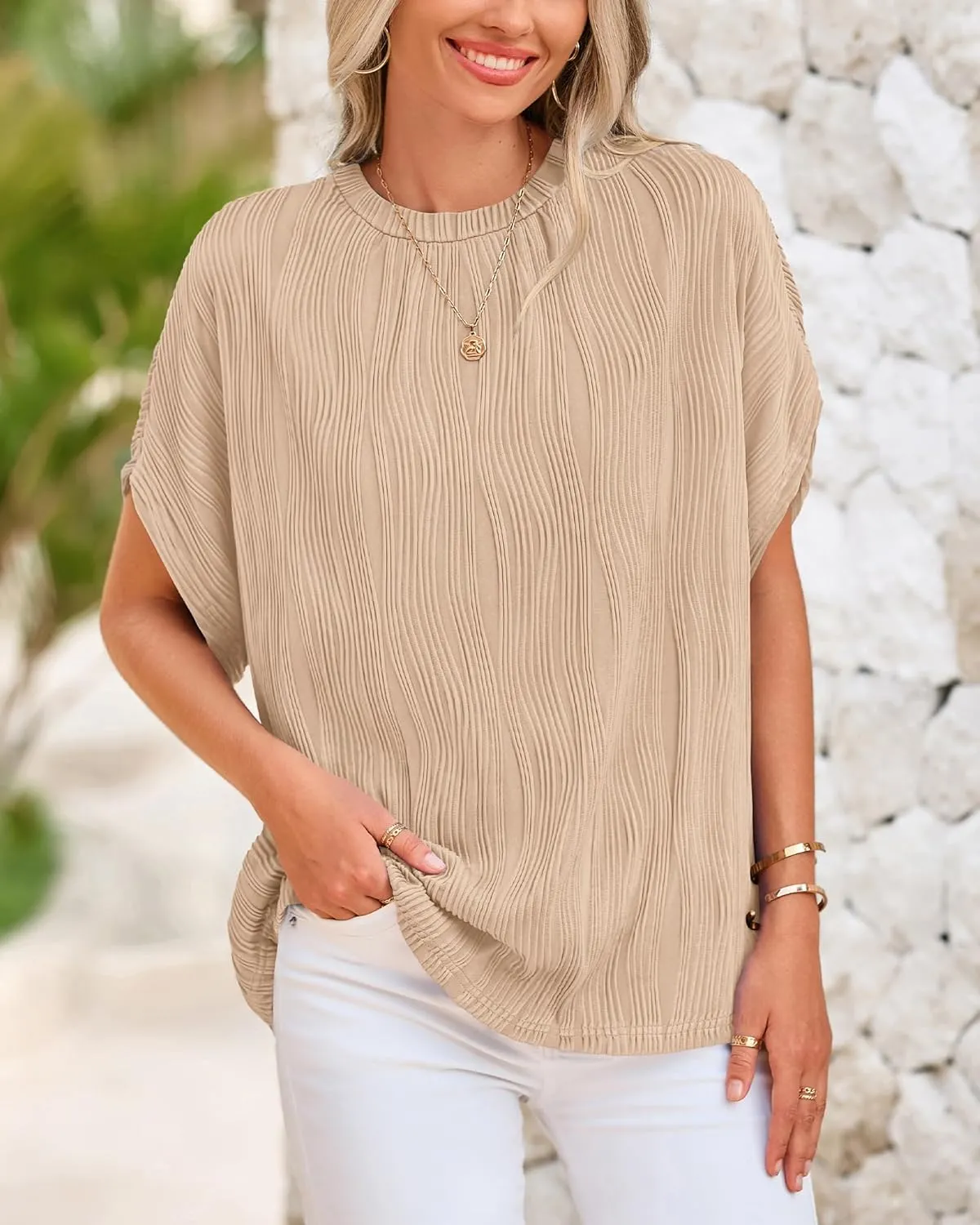 PRETTYGARDEN Women's Tops 2025 Summer Casual Crewneck Short Sleeve Textured Shirts Going Out Work Blouse Basic Tunic Top