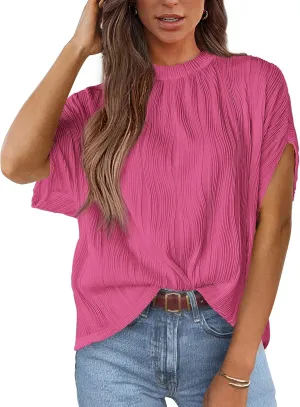 PRETTYGARDEN Women's Tops 2025 Summer Casual Crewneck Short Sleeve Textured Shirts Going Out Work Blouse Basic Tunic Top