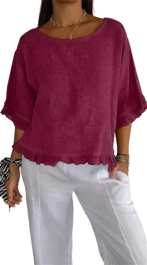 Round Neck Ruffled Hem Mid Sleeve Cotton and Linen Top Solid Round Neck Casual 3/4 Short Tops Sleeve Blouse Tops