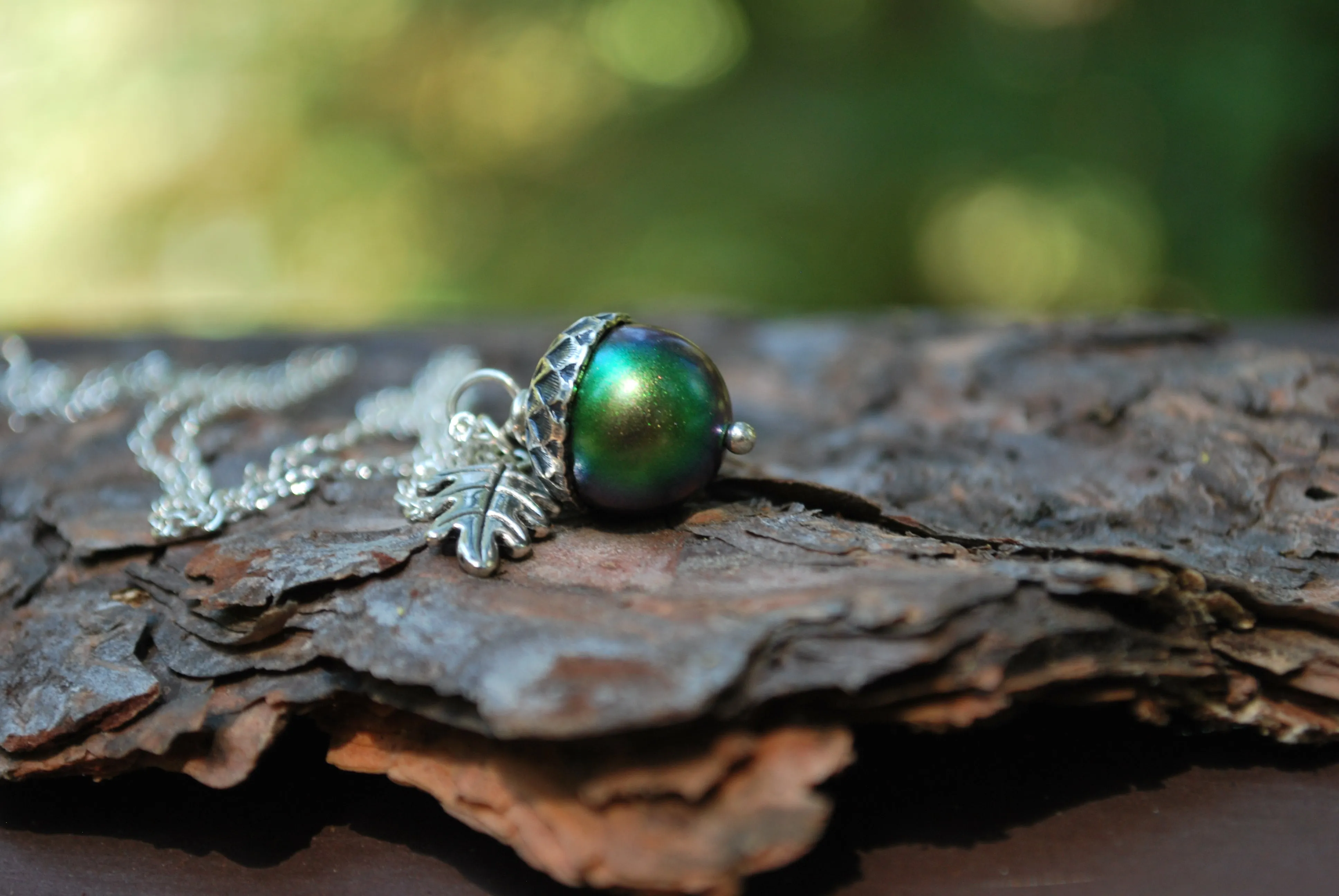 Silver Beetle Magic Acorn Necklace | Iridescent Rainbow Green Acorn Pendant | Forest Nature Jewelry