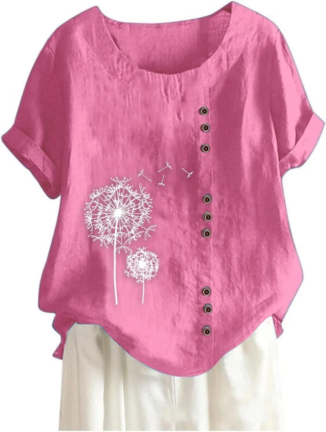 Summer Linen Shirt Women's - Floral Stitch Detail & Button Closure, Relaxed Fit Casual Tee, Moisture-Wicking