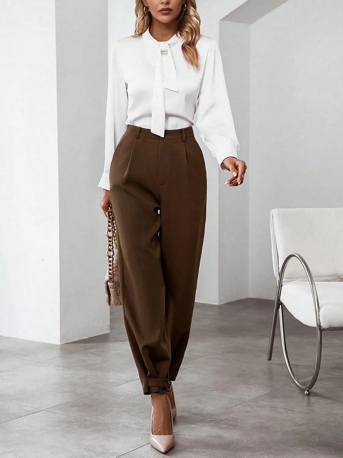 SweatyRocks Women's High Waisted Button Tapered Suit Pants Pleated Pencil Work Trousers with Pocket