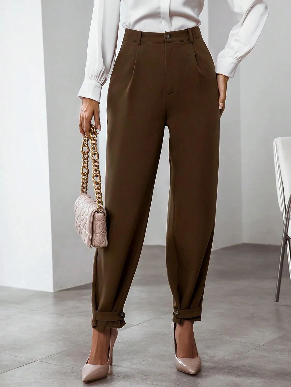 SweatyRocks Women's High Waisted Button Tapered Suit Pants Pleated Pencil Work Trousers with Pocket