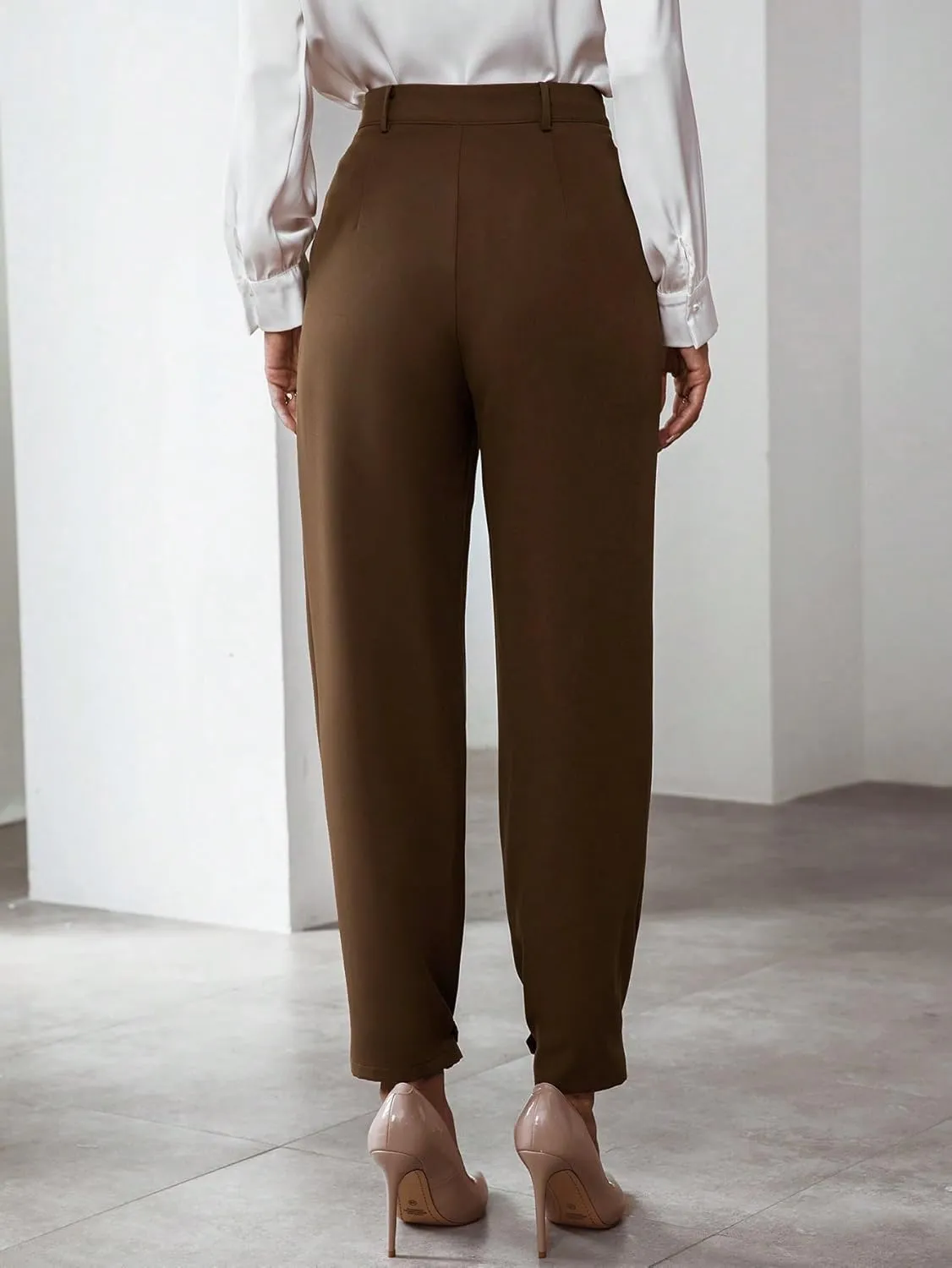 SweatyRocks Women's High Waisted Button Tapered Suit Pants Pleated Pencil Work Trousers with Pocket