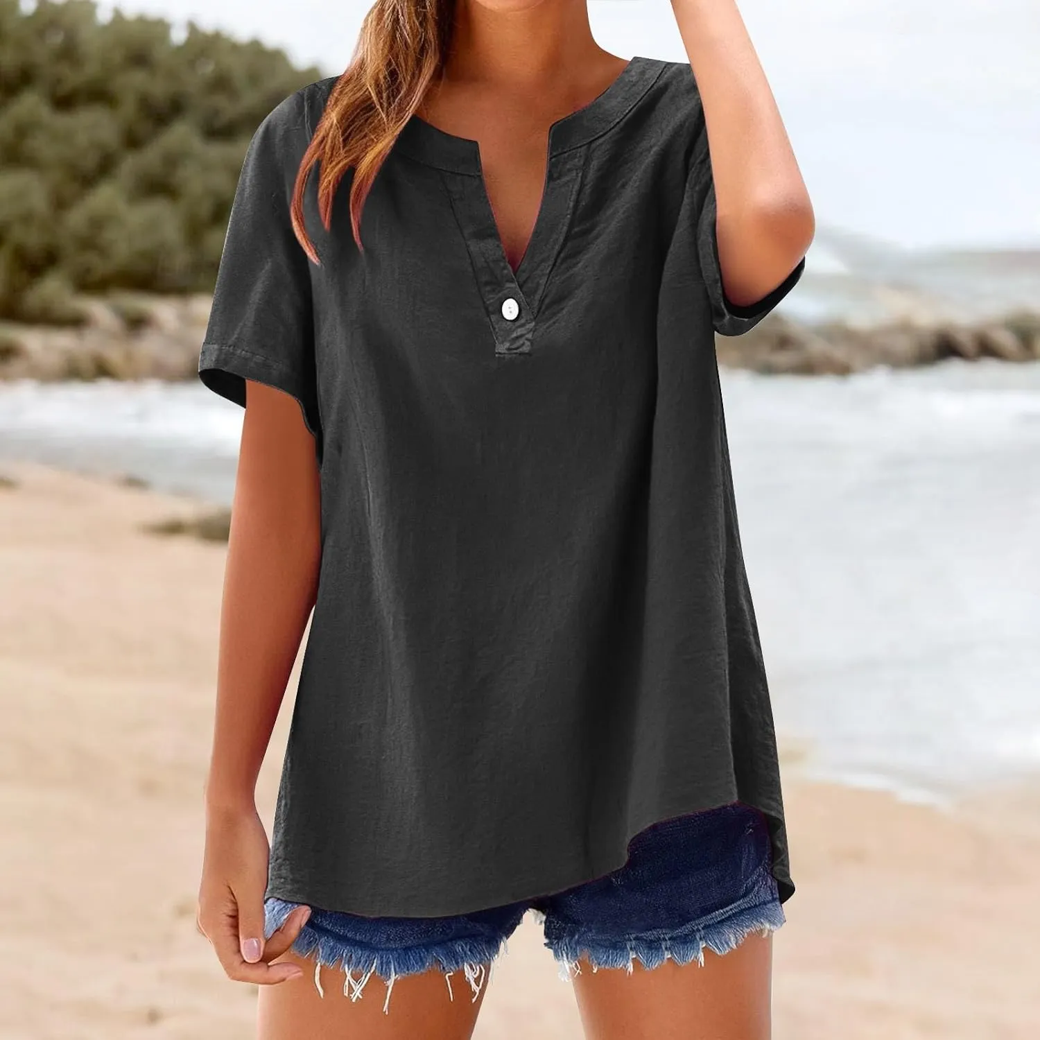 Tops for Women Trendy Summer 2025 Cotton Linen Shirts Short Sleeve V Neck Blouses Casual Tunic Loose Fit Outfits