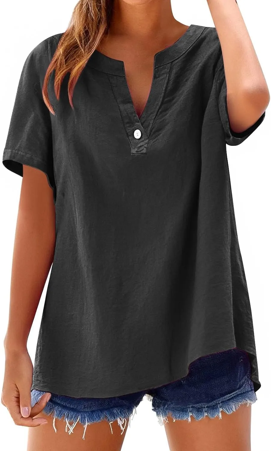 Tops for Women Trendy Summer 2025 Cotton Linen Shirts Short Sleeve V Neck Blouses Casual Tunic Loose Fit Outfits
