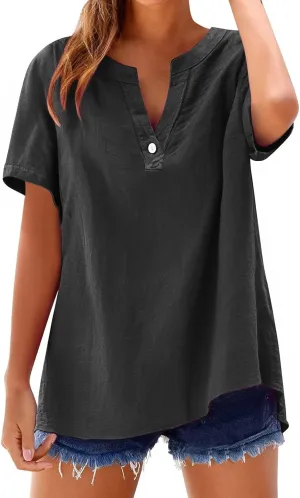 Tops for Women Trendy Summer 2025 Cotton Linen Shirts Short Sleeve V Neck Blouses Casual Tunic Loose Fit Outfits