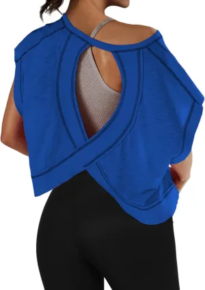 Womens Backless Thin Workout Crop Tops Cutout Back Sports T-Shirts Exercise Blouse Tee Top Athletic Gym Yoga Shirt