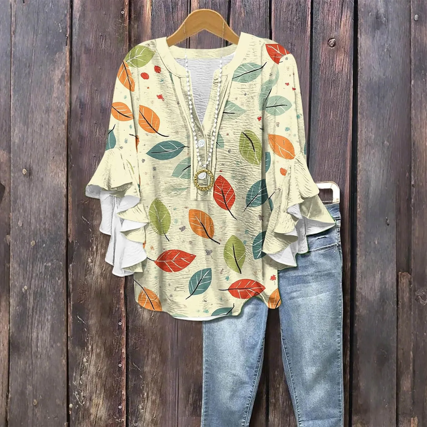Women's Casual Comfy 3/4 Bell Sleeve Summer Ruffle Floral Print Tops Button Down V Neck Tshirts Boho Blouse