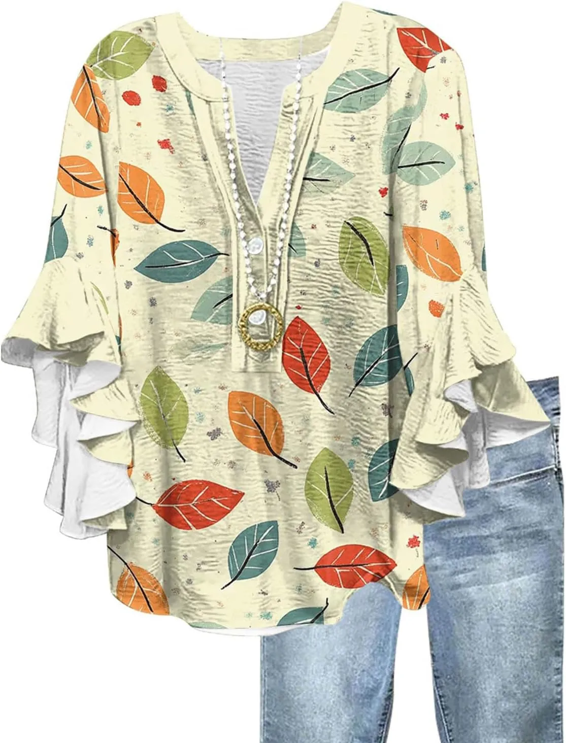 Women's Casual Comfy 3/4 Bell Sleeve Summer Ruffle Floral Print Tops Button Down V Neck Tshirts Boho Blouse