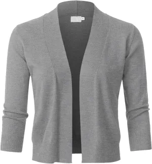 Womens Classic 3/4 Sleeve Open Front Cropped Bolero Cardigan (S~3XL)
