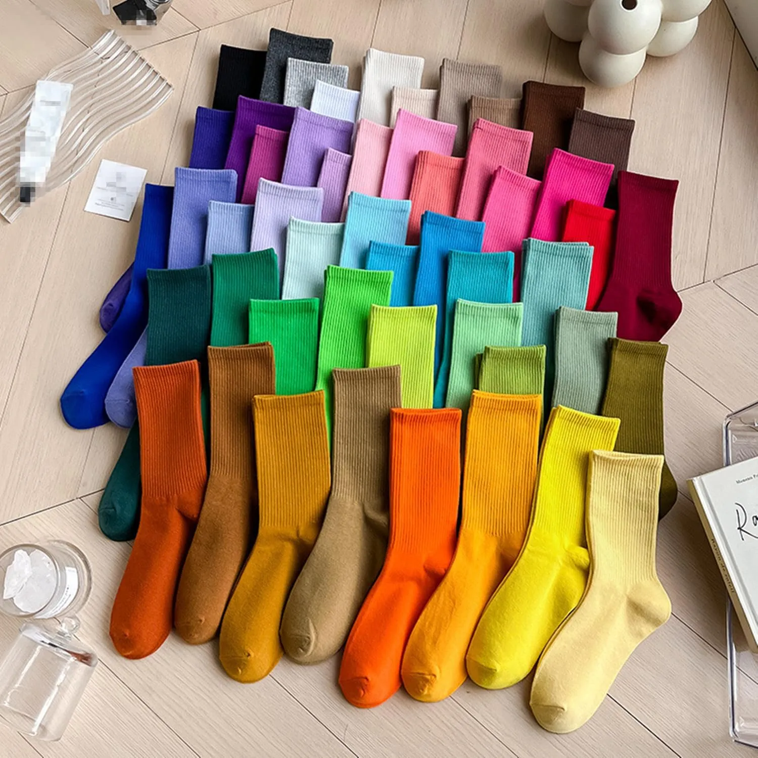 Womens Colorful Basic Sock -Unique Knit Cotton Crew Socks 3 Pack