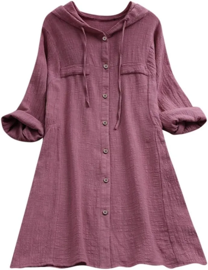 Womens Cotton Linen Hoodies Plus Size Button Down Roll-up Long Sleeve Drawstring Beach Yoga Summer Solid T Shirt Tops