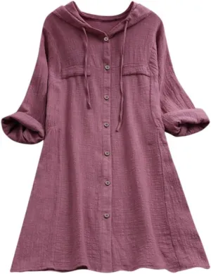 Womens Cotton Linen Hoodies Plus Size Button Down Roll-up Long Sleeve Drawstring Beach Yoga Summer Solid T Shirt Tops