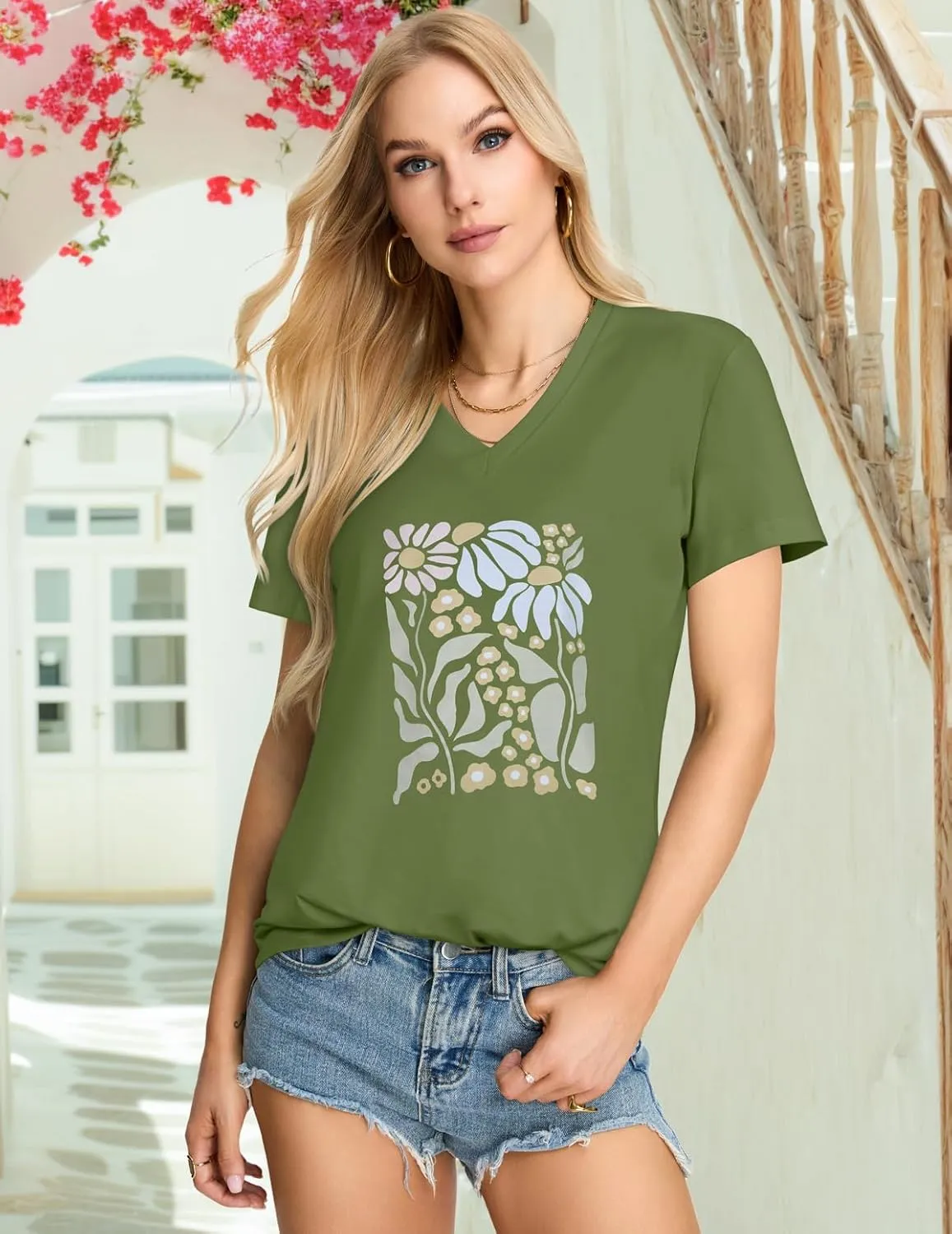 Womens T Shirts V Neck Short Sleeve Summer Tops Casual Basic Tees