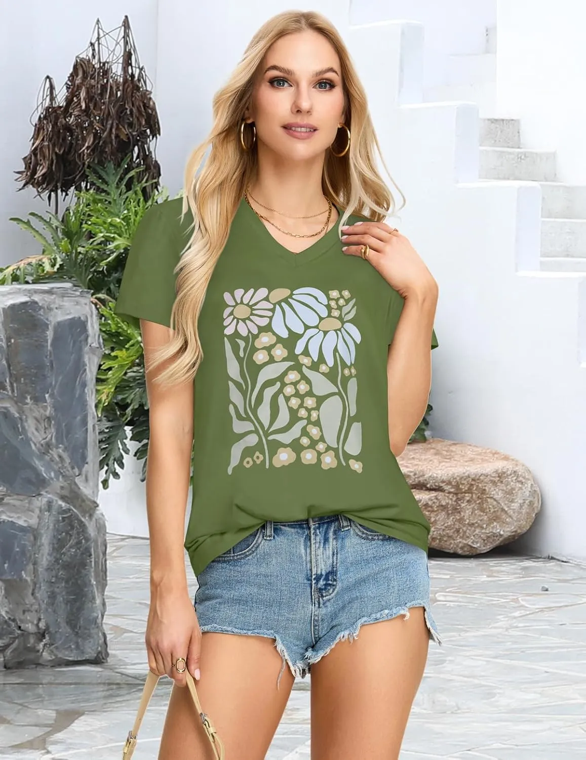 Womens T Shirts V Neck Short Sleeve Summer Tops Casual Basic Tees