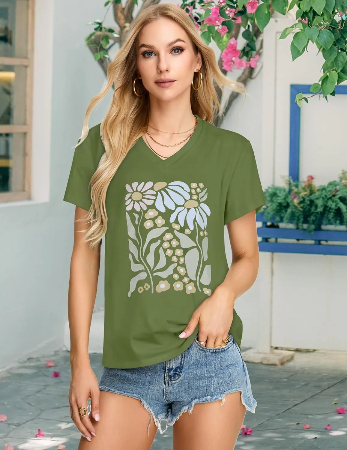 Womens T Shirts V Neck Short Sleeve Summer Tops Casual Basic Tees