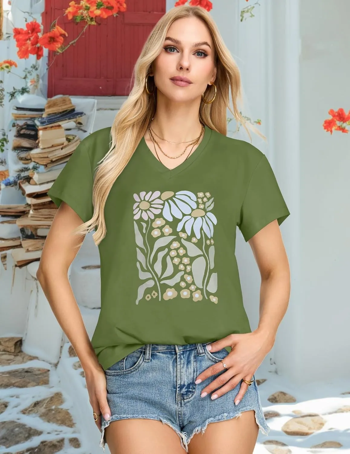 Womens T Shirts V Neck Short Sleeve Summer Tops Casual Basic Tees